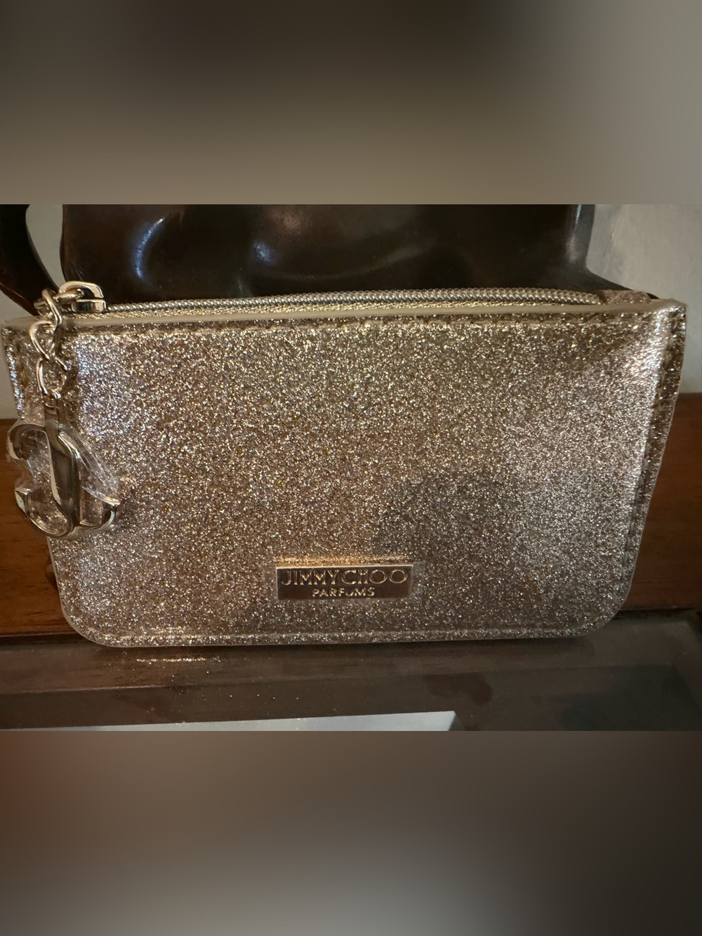 Jimmy Choo Parfums Gold Glitter Coin Purse Mini Zip Pouch NWOT